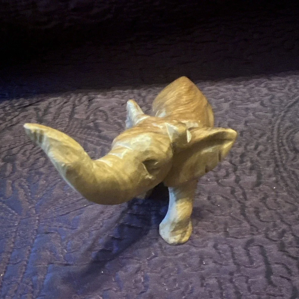 Vintage 5x2x3 Elephant Sitting Hand-Carved Wood Wooden Figurine Trunk Trumpeting